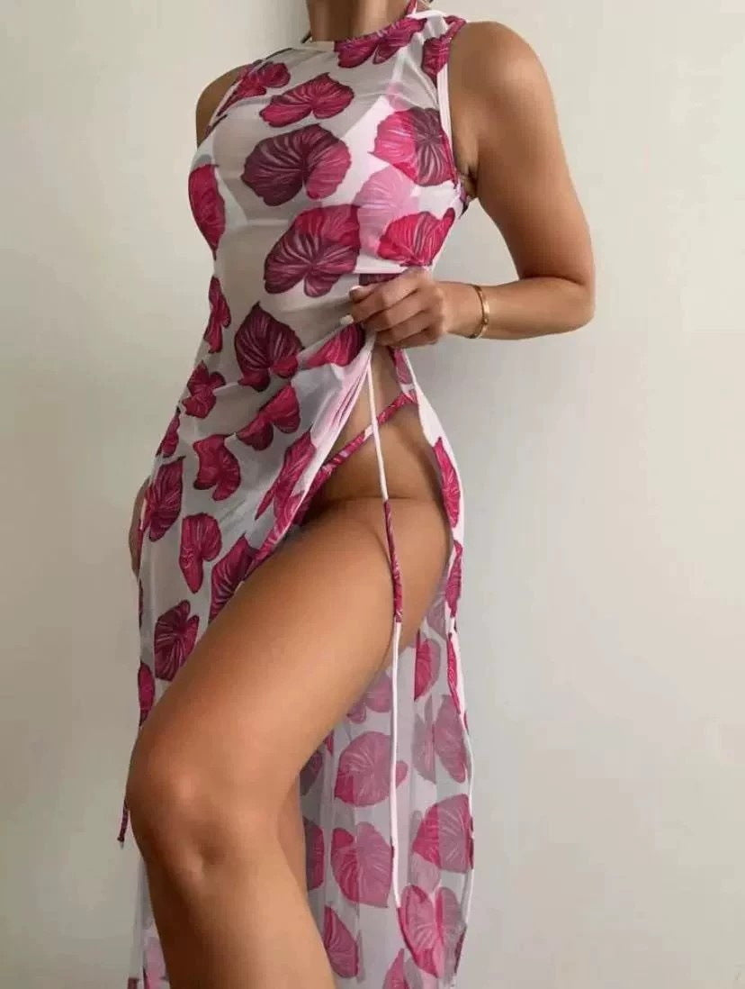 Minimalist Sexy Three-Piece Green Floral Bikini Set