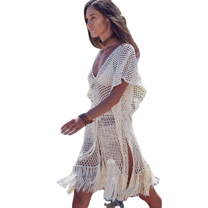 V-Neck Knitted Cover-Up with Fringe for Women